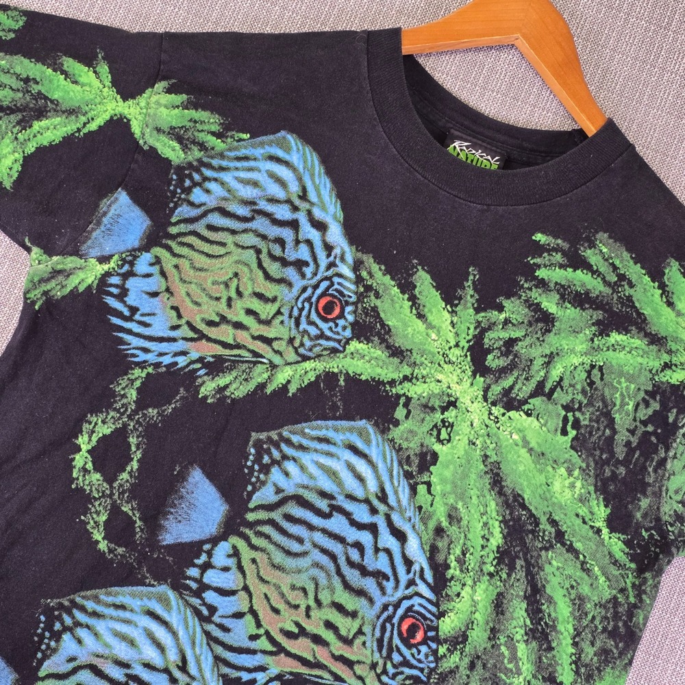 Radical Nature Vintage 90s Blue Discus Fish Shirt Mens L Single Stitch AOP Black